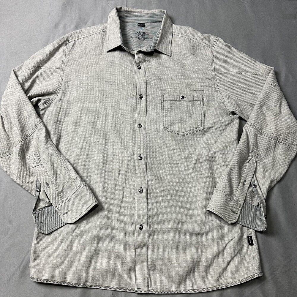Kuhl Uproar Shirt Mens Large Gray 5 Panel Long Sleeve Cotton Nylon Button Up